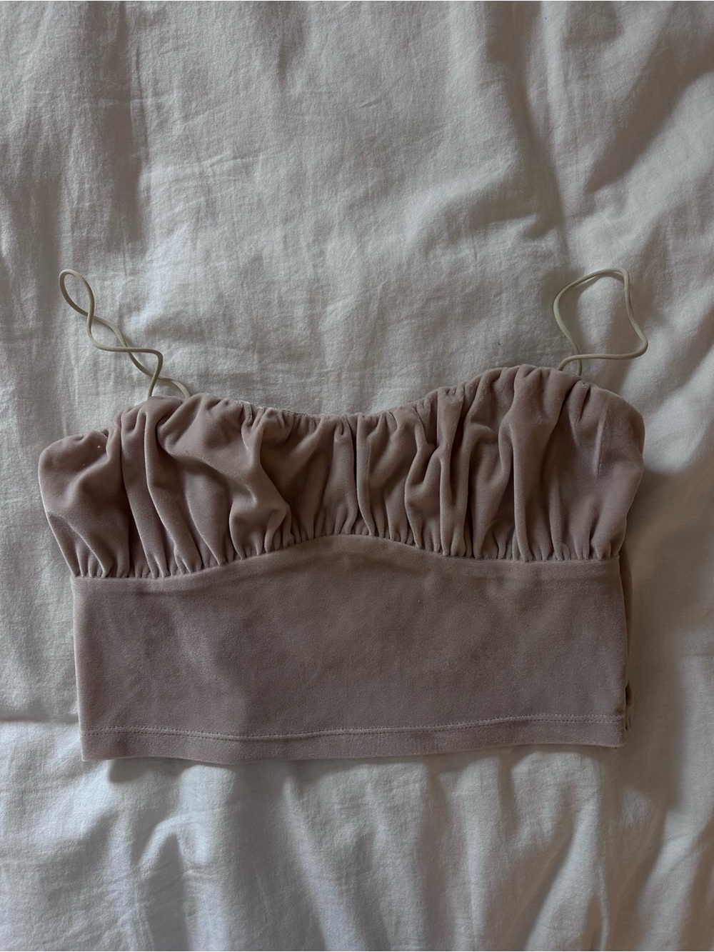 Neutral ruched crop top from  Princess Polly￼